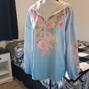 Light Blue Floral Half-Zip Hoodie Sweatshirt